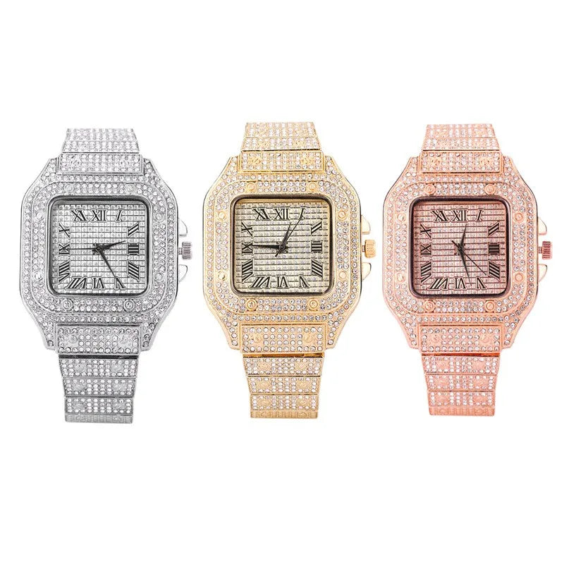 Luxury Iced Out Square Watch – Unisex Diamond Hip Hop Style with Roman Numerals