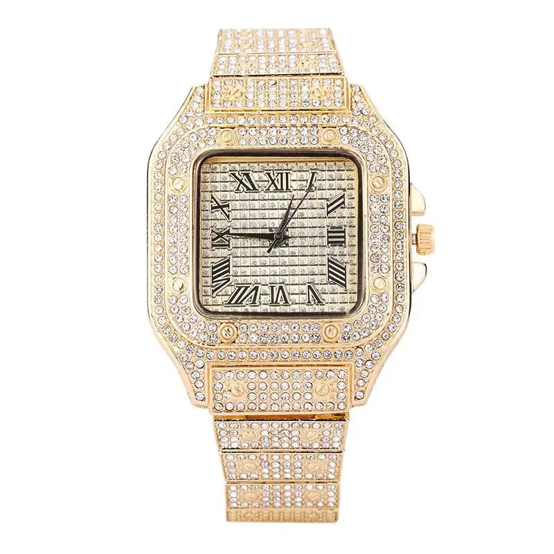 Luxury Iced Out Square Watch – Unisex Diamond Hip Hop Style with Roman Numerals