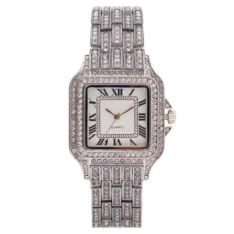Luxury Iced Out Square Watch – Unisex Diamond Hip Hop Style with Roman Numerals