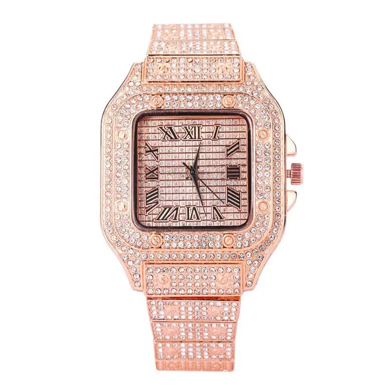 Luxury Iced Out Square Watch – Unisex Diamond Hip Hop Style with Roman Numerals