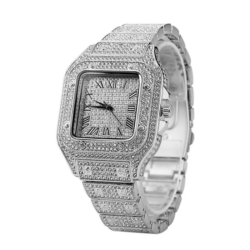 Luxury Iced Out Square Watch – Unisex Diamond Hip Hop Style with Roman Numerals