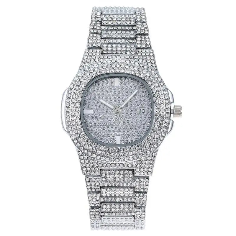 Luxury Iced Out Square Watch – Unisex Diamond Hip Hop Style with Roman Numerals