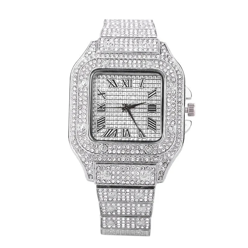 Luxury Iced Out Square Watch – Unisex Diamond Hip Hop Style with Roman Numerals