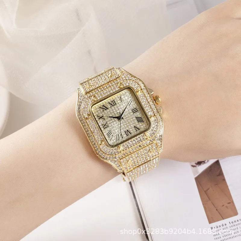 Luxury Iced Out Square Watch – Unisex Diamond Hip Hop Style with Roman Numerals