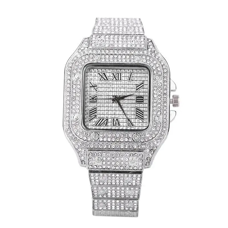 Luxury Iced Out Square Watch – Unisex Diamond Hip Hop Style with Roman Numerals