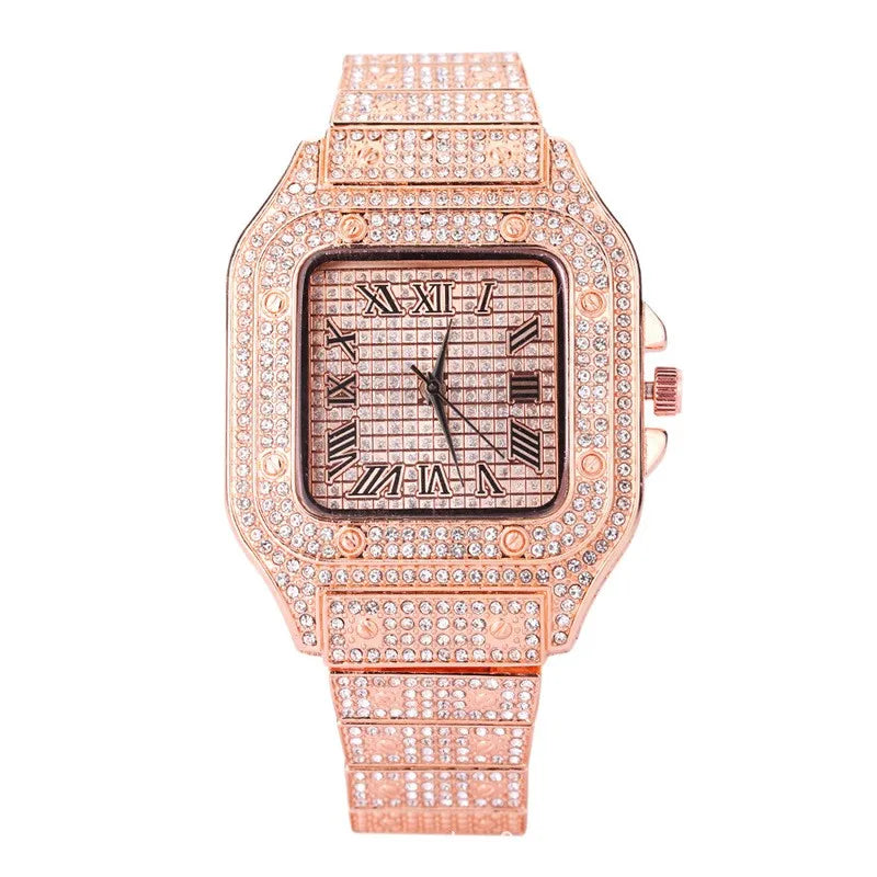 Luxury Iced Out Square Watch – Unisex Diamond Hip Hop Style with Roman Numerals