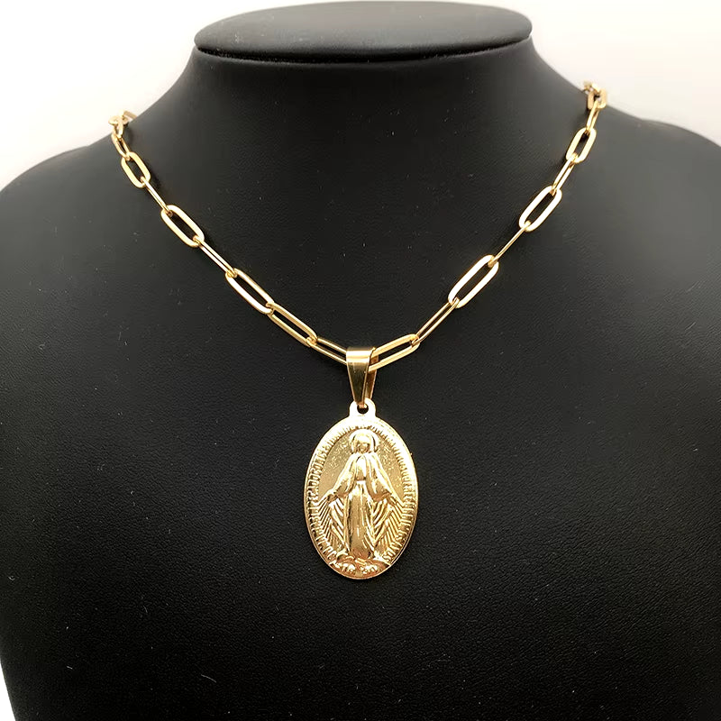 Elegant Stainless Steel Virgin Mary Necklace - Gold/Silver Choker with Medallion & Cross for Women