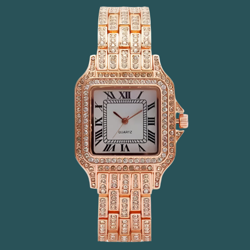 Luxury Iced Out Square Watch – Unisex Diamond Hip Hop Style with Roman Numerals