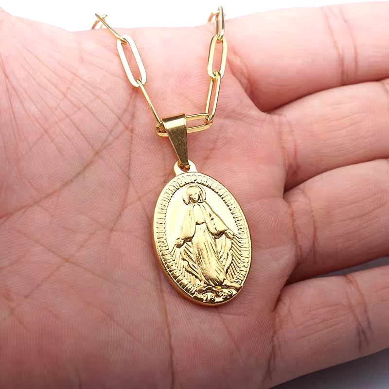 Elegant Stainless Steel Virgin Mary Necklace - Gold/Silver Choker with Medallion & Cross for Women