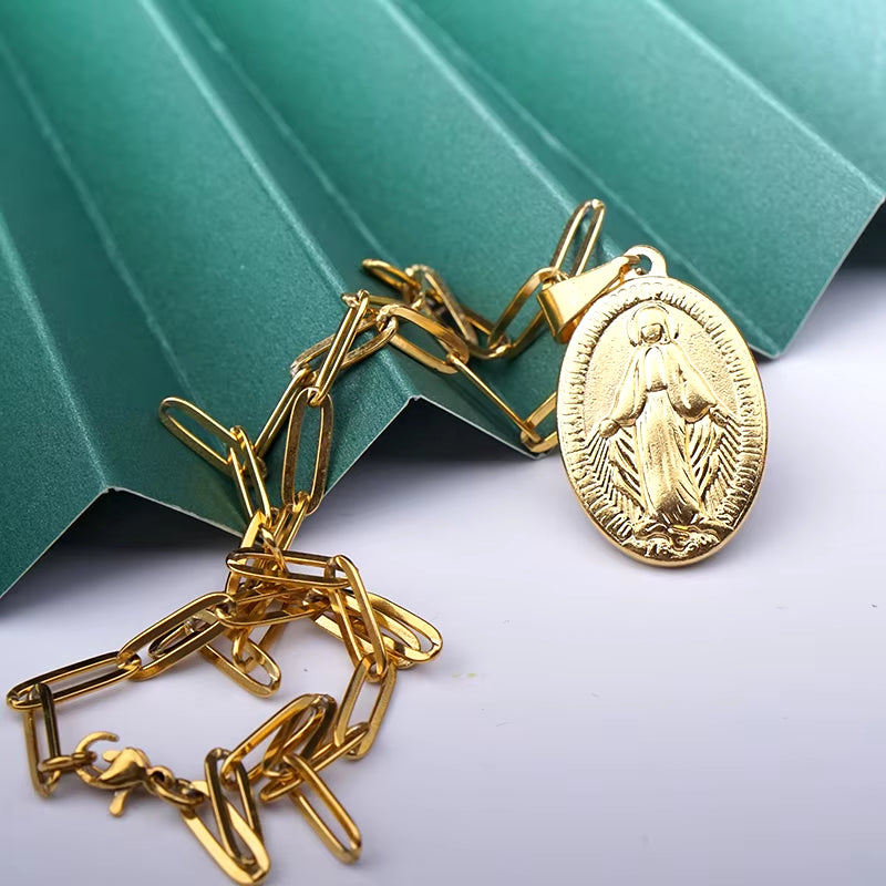 Elegant Stainless Steel Virgin Mary Necklace - Gold/Silver Choker with Medallion & Cross for Women
